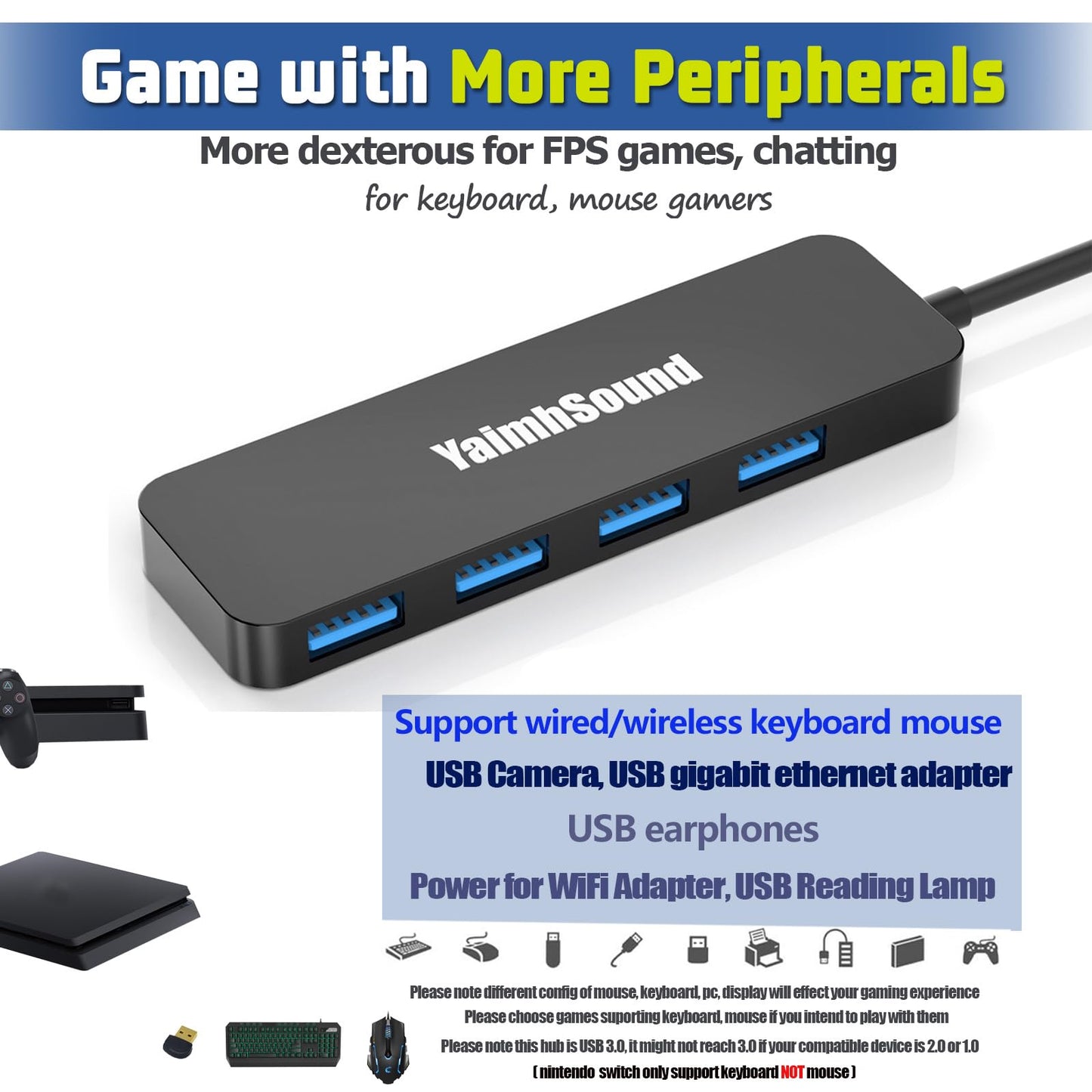 USB Splitter for Laptop, YaimhSound 4-Port USB Hub 3.0, Multiple USB Expander Adapter for Keyboard,Mouse, Dell,Asus,HP,MacBook,Surface, Acer,Ps4,Xbox,Flash Drive,SSD,Printer,Camera