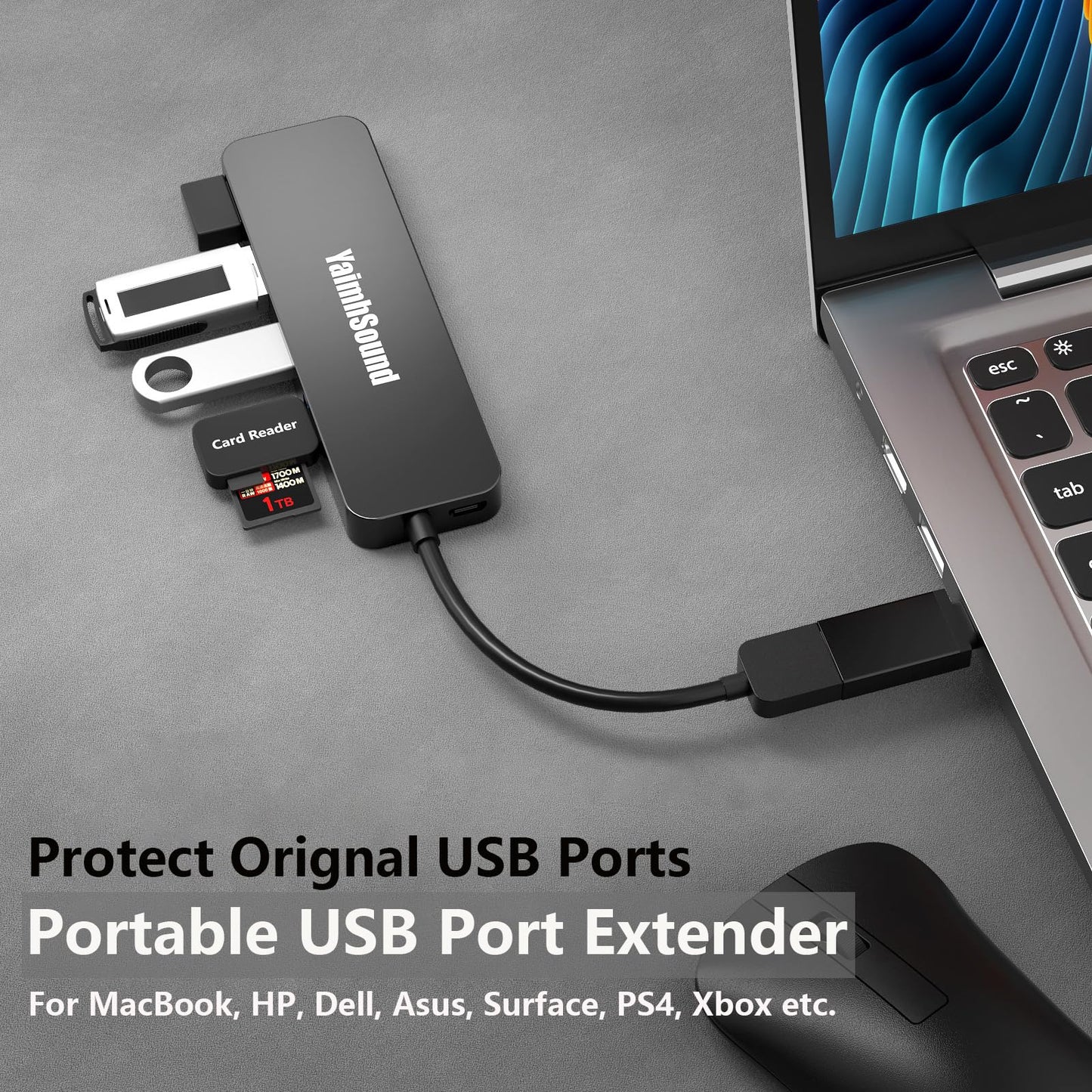 USB Splitter for Laptop, YaimhSound 4-Port USB Hub 3.0, Multiple USB Expander Adapter for Keyboard,Mouse, Dell,Asus,HP,MacBook,Surface, Acer,Ps4,Xbox,Flash Drive,SSD,Printer,Camera